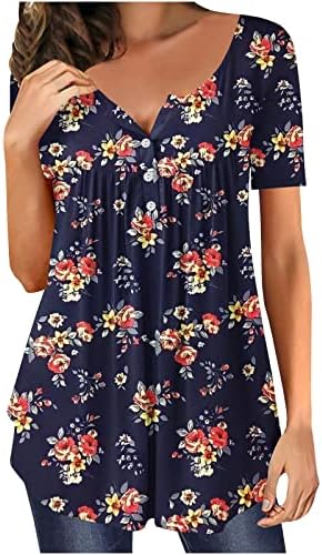 Tops femininos oculam túnica de barriga 2023 de verão de manga curta estampa floral camiseta de camisas Henley para usar com leggings