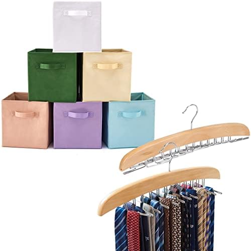 EZARARE 2 Pacote Cinturão de madeira de madeira 24 cabides de clipes + conjunto de 6 caixas de cesta de tecido dobrável de cores variadas caixas