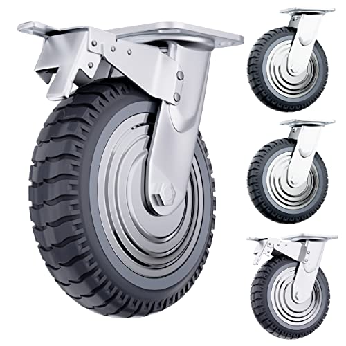 HousAbles Roda de rodízio de 8 polegadas, rodízios industriais de serviço pesado, 4 rodas cinza, borracha, ferro fundido, pneus, externo,