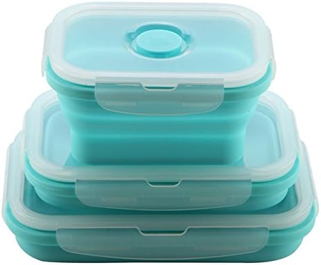 Contêineres de armazenamento de alimentos dobráveis ​​de silicone, 3 pacote reutilizável BPA Freezer de Bento Box Bento para forno