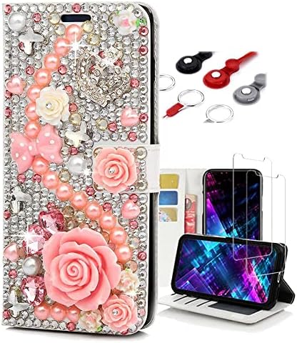 Fairy Art Crystal Cartlet Caixa de telefone compatível com Samsung Galaxy A01 Core - Crown Big Rose Flower - Rosa - 3D Glitter