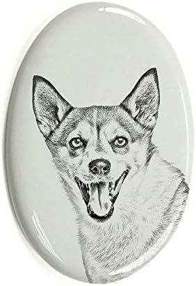 Lundehund norueguês, lápide oval de azulejo de cerâmica com uma imagem de um cachorro