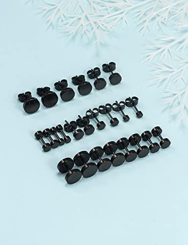 Ftovosyo 12 pares Brincos pretos para homens de aço inoxidável redondo disco falecido faux garanhões de orelha para mulheres meninas 3mm-8mm