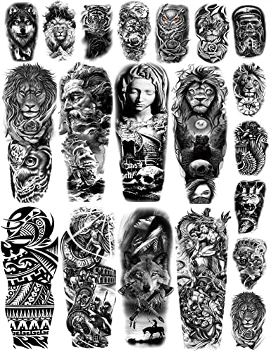 Tatuagens temporárias de Dalin Mangas de tatuagem completas e antebraças extra para adultos 20 folhas, leão, tigre, lobo, coruja