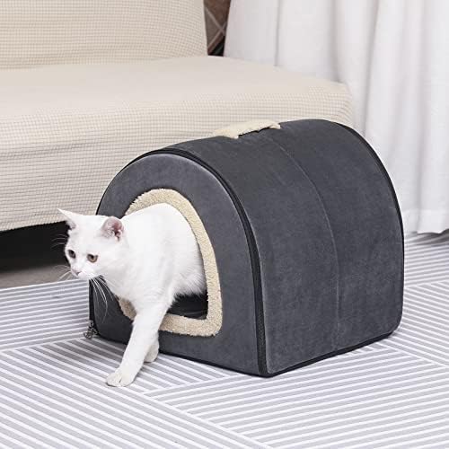 Casa de gato portátil, cama de gato 2 em 1 cabanas de gato com almofada de almofada removível lavável, caverna de