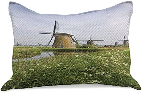 Ambesonne Windmill micotela de colcha de travesseira, paisagem do país na Holanda Spring Blooming Salsa, capa padrão de travesseiro de tamanho queen para quarto, 30 x 20, café pálido azul pálido