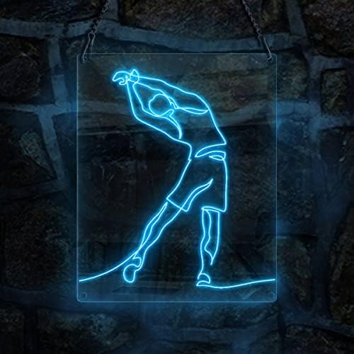 Homem faz sinal de néon de fitness da linha de exercícios, sinal de luz neon de arame, arte da parede de decoração da casa, azul