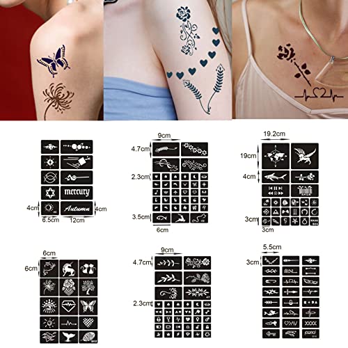Henna Tattoo Stencils, 254 PCs Tattoo Models Kit de estêncil de tatuagem DIY reutilizável, designs de estêncil de arte corporal para