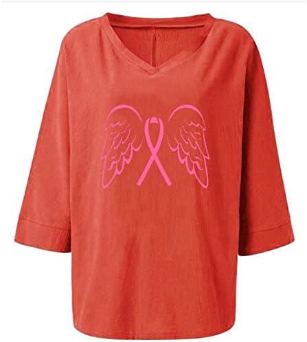 Amikadom queimado laranja decote linho blusa de linho Mulheres 3/4 asas de manga Loja Fit Brunch Câncer de mama Bloups tshirts