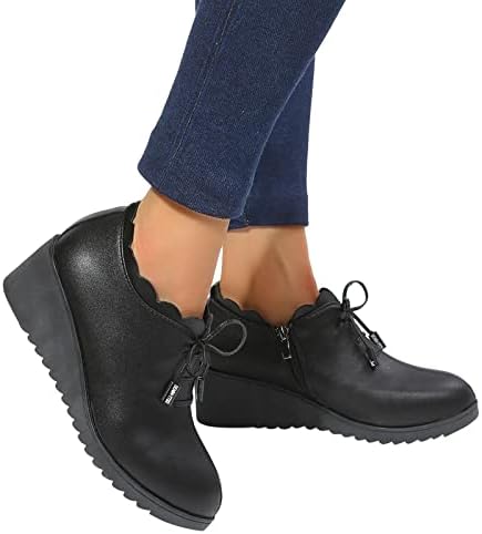 Botas curtas para mulheres casuais femininas não deslizam cunhas de cor sólida Cultas Up Up Leather Botas curtas Botas curtas Sapatos