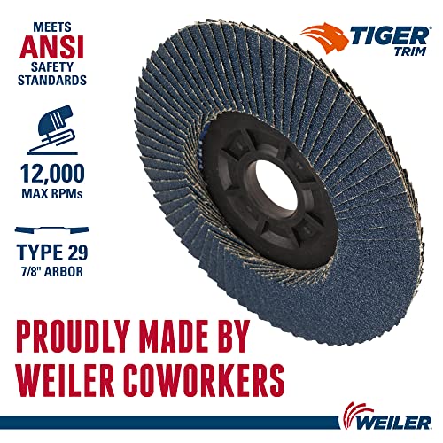 Weiler 50012 5 TIGER TRIM ABRASIVO DISCO DE FLAP, BOLO CONPICO, APRIMÍVEL, 80Z, 7/8 Arbor Hole, fabricado nos EUA