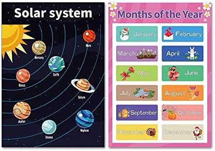 12 Conjunto de gráficos de aprendizagem para jardim de infância, pôsteres educacionais de pré -escola para sala de aula - ótimos pôsteres de parede de aprendizado para crianças para ensinar números de alfabetos Dias da semana