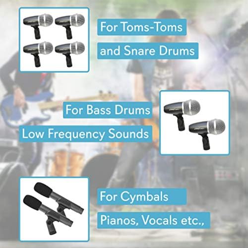 Pyle-pro pyle 7 peças com fios de kit-kit-kit-kit bobs, tom/sneare e cymbals configurar tambores, vocal e outros instrumentos completos com clipe de rosca, inserções, mICs e case-pdkm7