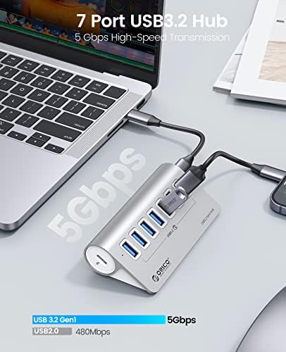 ORICO USB 3.0 Hub Aluminium [5 Gbps], 7 Port Hub USB com cabo USB-C de 1,64 pés e Splitter USB USB-A para IMAC, todos os MacBooks,