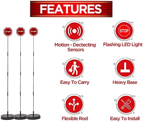 Garga LED Stop Sign Sign Parking Assistant Sensor Conjunto de 2 aparelhos de vermelho brilhante com pó de altura ajustável para todos