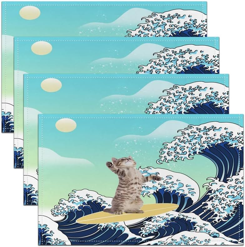 Jejeloiu Japanese Style Placemats Conjunto de 4, Cat Surfing Ocean Wave Placemats para mesa de jantar, Tabel de decoração de tecido de gato amante de gatos tapetes de decoração de tecido Placemat 18 x12