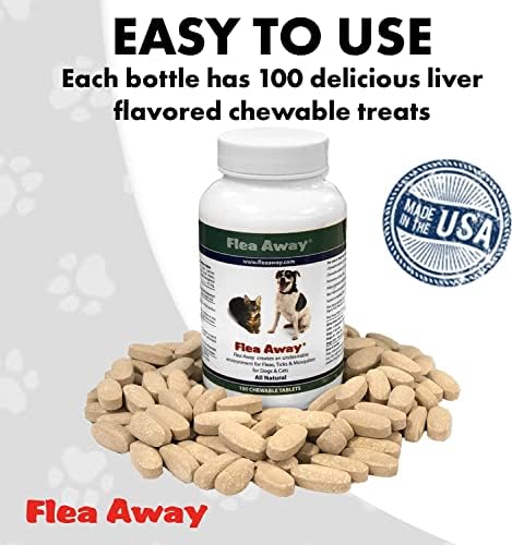 Flea Away todo suplemento natural para pulgas, carrapatos e prevenção de mosquitos para cães e gatos, 100 comprimidos de tratamento