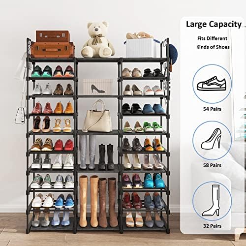 Plzlove 10 camadas Organizador de rack de sapatos para armário e entrada, armazenamento alto de prateleira de sapatos de metal 54-62
