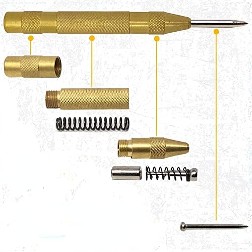 2 pacotes de punção central automática, perfuração central com mola de latão com ferramenta manual de tensão ajustável para metal, madeira, plástico, vidro