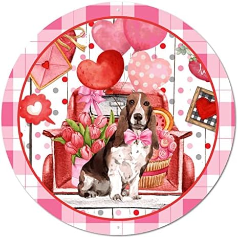 Placa de metal redonda Placa do dia dos namorados Caminhão de cachorro Pet e amor corações galões de coroa de coroa vintage sinal