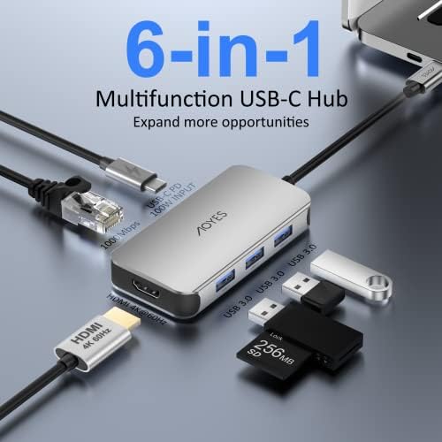 USB C Hub, USB C a HDMI 4K@60Hz Adaptador, DONGLE USB C 6-1-1 USB, Hub USB com 1000m Ethernet, entrega de energia 100W, 3 portas USB 3.0, para MacBook Air, MacBook Pro, Surface Pro, Xps, iPad e muito mais.