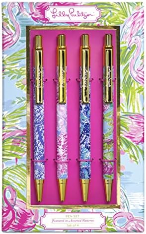 Lilly Pulitzer Black Ink Caneta Conjunto de 4, canetas retráteis para casa ou escritório, canetas de clique de plástico colorido,