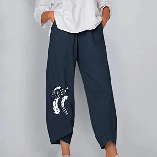 Calças de linho para mulheres 2023 Summer Wide perna as calças elásticas da cintura floral Fit Fit Beach Cropped calças folgadas calças