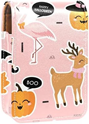 Mini estojo de batom com espelho para bolsa, Halloween Flamingo Deer Pumpkins Organização de caixa portátil