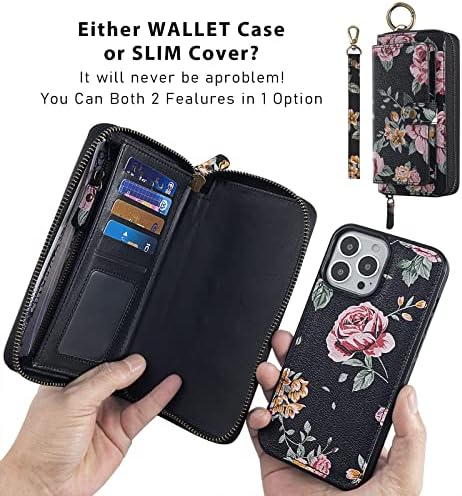 Litou Compatível com o iPhone 14 Pro Max Phone Wallet Case PU Leather Strap Wiss Flip Case com zíper, suporte para cartão