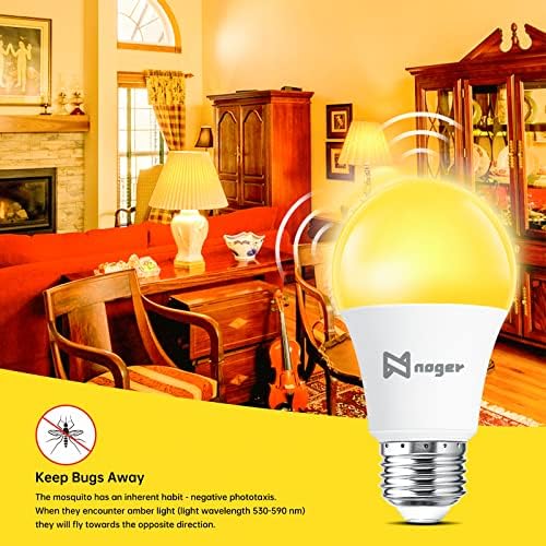 Lâmpada de bug noger, lâmpadas de LED amarelo âmbar A19, lâmpada LED de 9W E26, luzes de varanda externa para pátios,