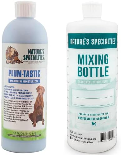 Especialidades da natureza misturando garrafas e pacote de concentrados de condicionador de cães, fáceis de ler medições