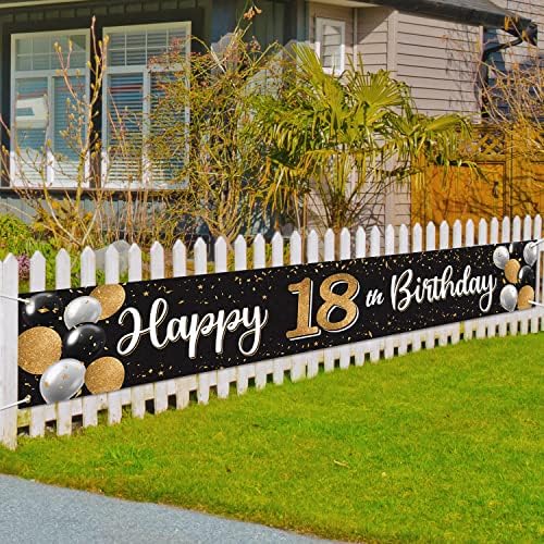 Nelbiirth Feliz aniversário de 18 anos Black & Gold Yard Sign Banner - Cheers a dezoito anos de aniversário em casa, pano de fundo fotoprop ao ar livre, decoração de festa de 18 anos.