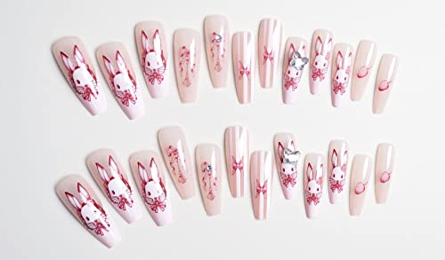 Bunny fofo Pressione em unhas longas caixões falsos unhas de acrílico francês unhas com strass capa tampa rosa unhas falsas