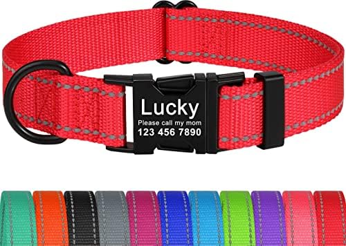Taglory personalizados colarinhos de cachorro, fivela de metal gravada com nome e número de telefone, colares de cães refletivos personalizados para cães médios, vermelho