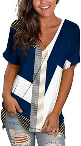 Tops de tamanho grande das mulheres, túnicas de bloco colorido de ladras V rúnicas de pescoço 2023 Trendy Loose camise