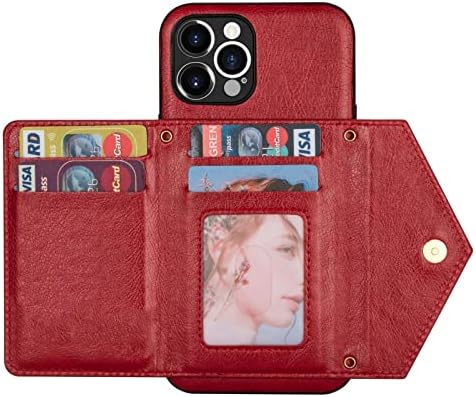 Caso dos GLLDs para iPhone 14/14 Pro/14 Pro Max/14 Plus, Caixa de carteira anti-queda à prova de choque com bolsa de crédito de cadeia de cadeia Crossbody Zipper, vermelho, 14 Pro 6,1