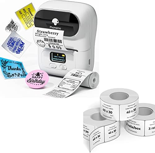 Fabricantes de etiquetas Phomemo M110 e 3 rolos de etiquetas quadradas adesivas de phomemo 1,57 '' x 1,18 '', 230 rótulos/1 rolo, preto em etiquetas de adesivos brancos