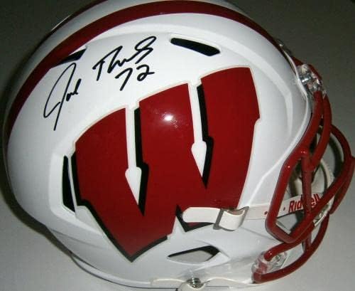 Wisconsin Joe Thomas assinado capacete de velocidade de tamanho completo com 72 JSA CoA Autograph - capacetes de faculdade