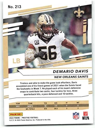 2022 Panini Prestige 213 DeMario Davis New Orleans Saints NFL Football Trading Card