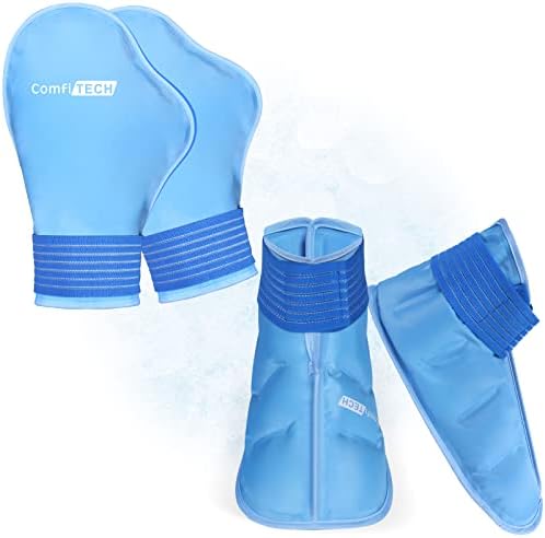 Combitech Large Migraine Ice Head Wrap, Chapéu de alívio de cabeça de cabeça para enxaqueca e pacote de 4 - embrulho de pacote de gelo com pés comfortech e luvas de gelo de pacote de mão para quimioterapia