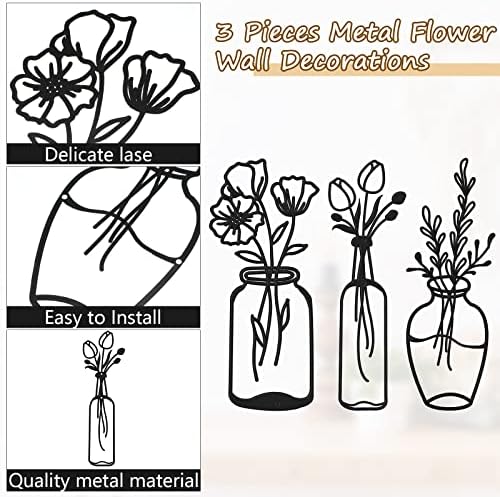 HOTOP 3 peças Decoração de parede de flor de metal Decoração de parede minimalista Arte da parede Preto Tulipa Decoração de