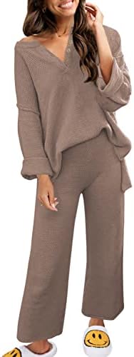 Senserise feminino 2 peças roupas suéter conjunto de manga comprida botão malha suéter de suéter superior calças de perna larga conjuntos de lounge