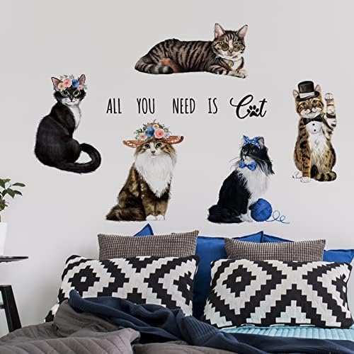 Adesivos de parede de gato de moda mfault, gatinho com hat hat hat sunglasses decorações de nó de borbole