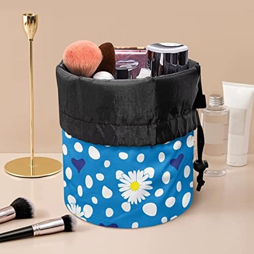 POCEACLES Blue Daisy Dot Sacos de cosméticos de cordão para mulheres, bolsas de maquiagem de viagem de viagem portáteis Bolsas de bucha de saco de balde organizador