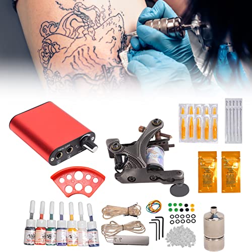 Máquina de bobina de tatuagem completa, pequena tatuagem de tatuagem Copa de tatuagem Máquina de tatuagem Tattoo Machine Kit A agulhas descartáveis ​​Linha de cobre longa potência para tatuagens