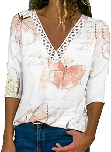 O outono, impressão floral, tops para mulheres de crochê de crochê com camisetas casuais casuais camisetas