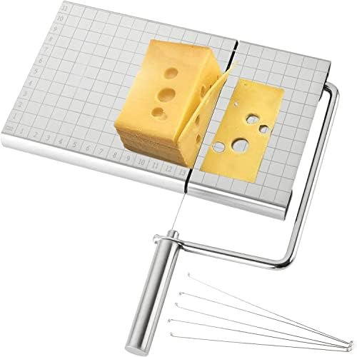Slicer de queijo rrmman, placa de cortador de slicer de queijo, cortador de queijo em aço inoxidável com tamanho de queijo de arame escala de tamanho preciso para queijo manteiga equipada com 5 fios de slicer de queijo substituíveis