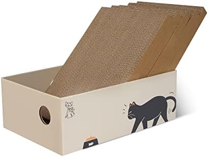 Papercat Cat Scratcher, 5 PCs em 1 bloco de arranhões com caixa, papelão corrugado reciclado natural, reversível para uso 2x, reabastecimento de gatinho interno, marrom