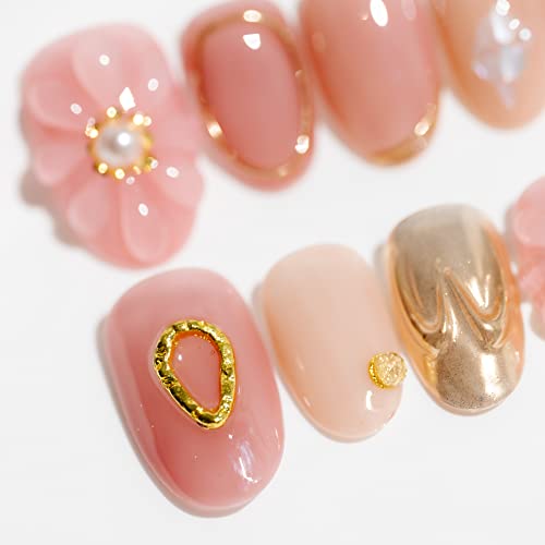 Sun & Beam Nails Handmade Made Long Oval Pink Gold False unhas Dicas de unhas com fofas pérolas de flor 3D Popular Charm