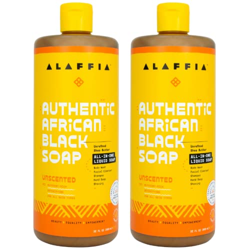 Cuidados com a pele de Alaffia, sabonete preto africano autêntico, tudo em um sabão líquido, lavagem de rosto hidratante, lavagem sensível à pele, shampoo, sabão de barbear, manteiga de karité, sem perfume